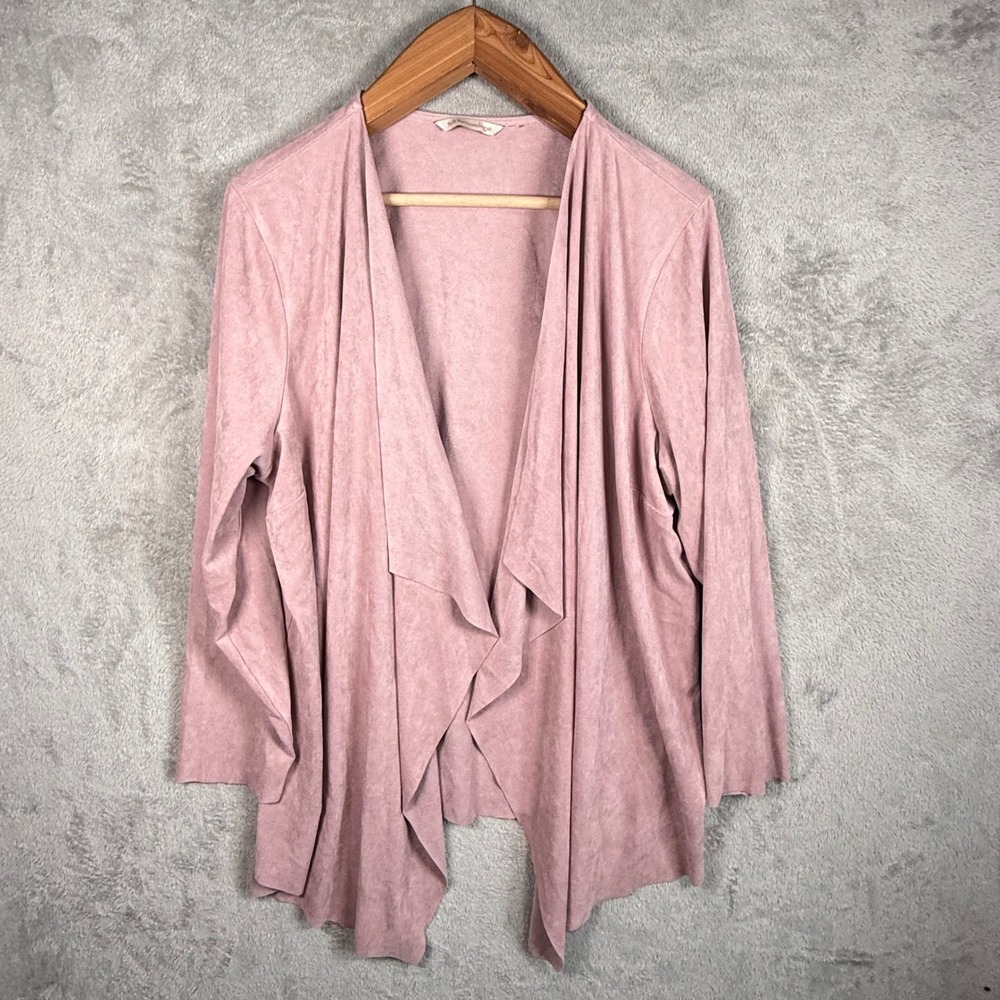 Soft Surroundings Cardigan Women L Pink L/S Faux Suede Drape Open Front Duster